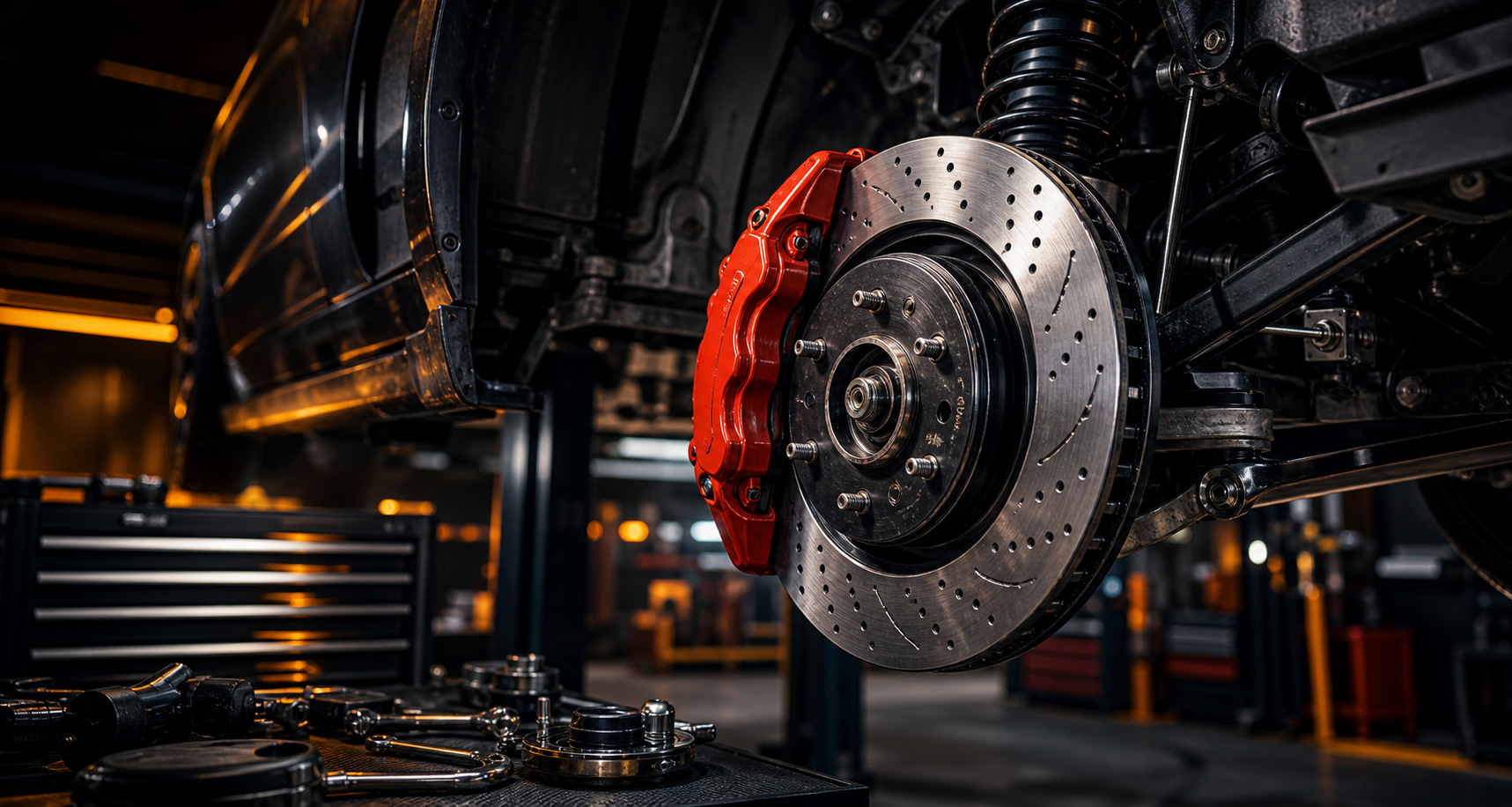 Brake repair components inspected by a Wellington mechanic