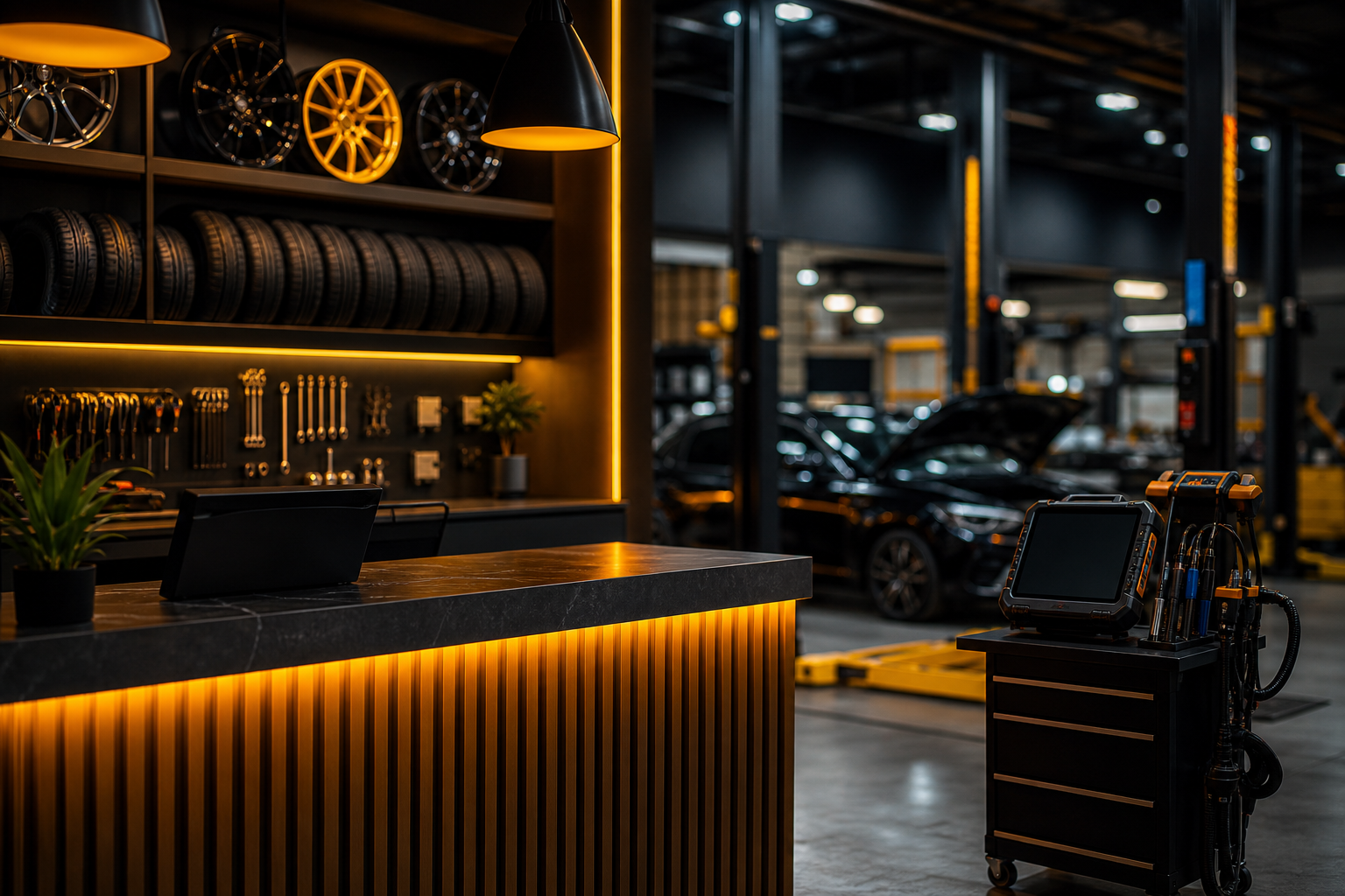 Premium automotive workshop with tyres, tools and diagnostic equipment